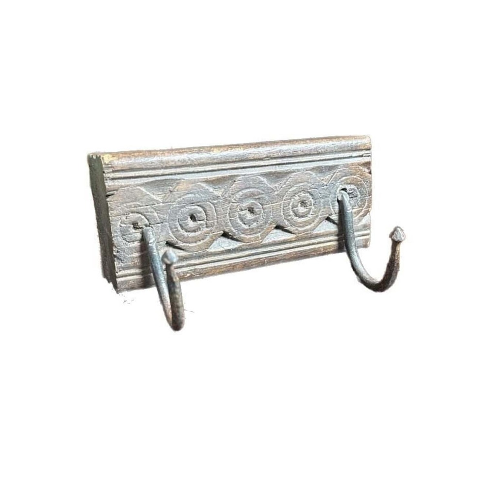 Vintage Hand Carved Reclaimed Wood Wall Hook Rack with Iron Hooks